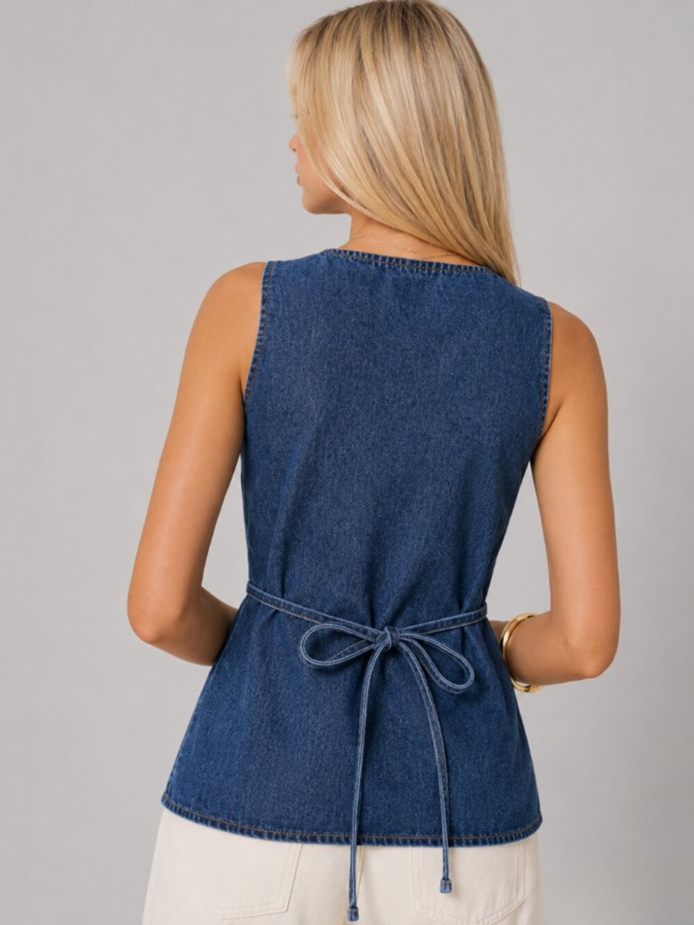 Women’s Vintage Denim Peplum Vest Sleeveless Button Front Fitted Jean Top - Picture 2 of 4